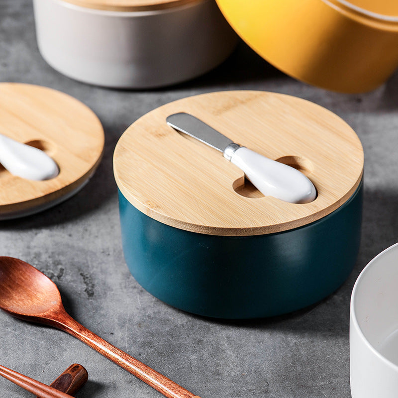 Gray Nordic Ceramic Butter Dish with Knife - Airtight Cheese Container with Bamboo Lid, Kitchen Storage 4