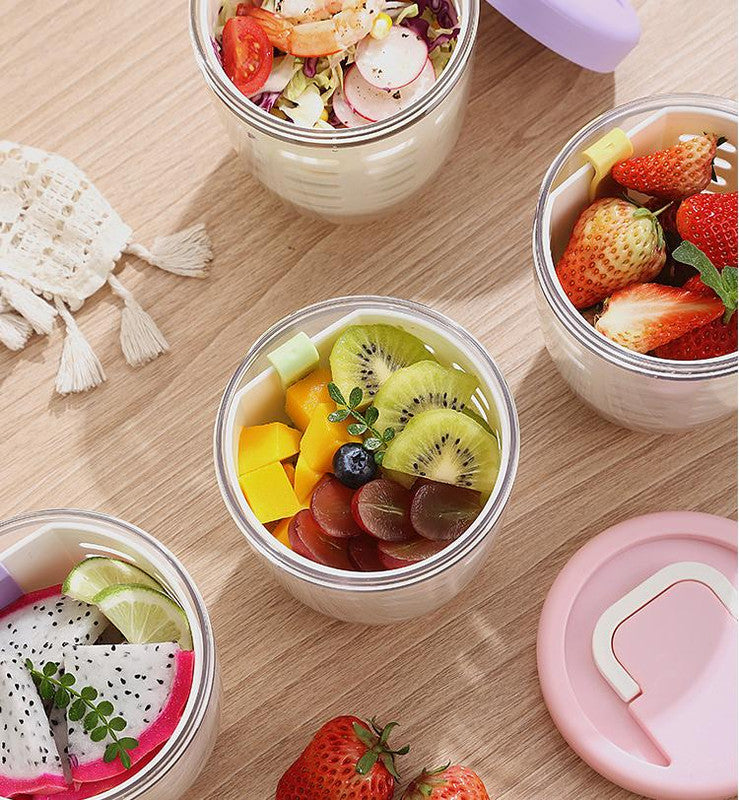 Pink Double Layer Salad Cup with Fork - Leak-proof Fruit Container, Drain Design, Portable Oatmeal and Picnic Jar 3