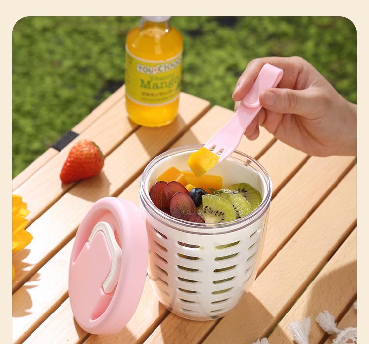 Pink Double Layer Salad Cup with Fork - Leak-proof Fruit Container, Drain Design, Portable Oatmeal and Picnic Jar 5