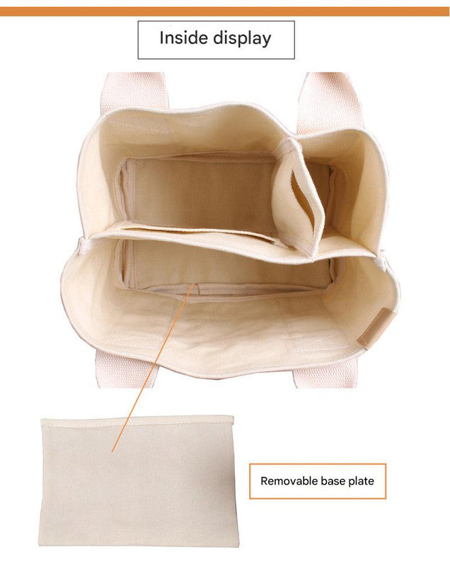 White with black Canvas Lunch Tote Bag - Stylish Handbag with Multiple Compartments for Women 4