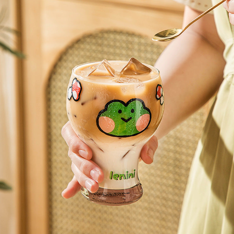 Mini Cartoon Glass Tumbler 400ml,Cute Beer and Juice Cup for Cold Drinks(Green frog) 3