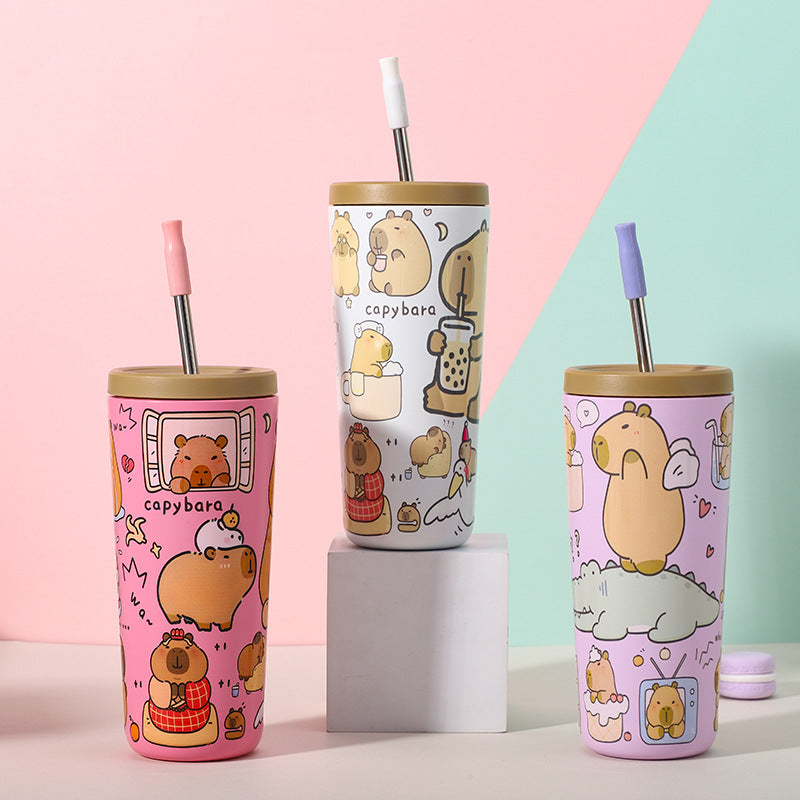 304 Stainless Steel Insulated Tumbler,Cartoon Design Portable Straw Cup for Home and Office(Lotus color) 4