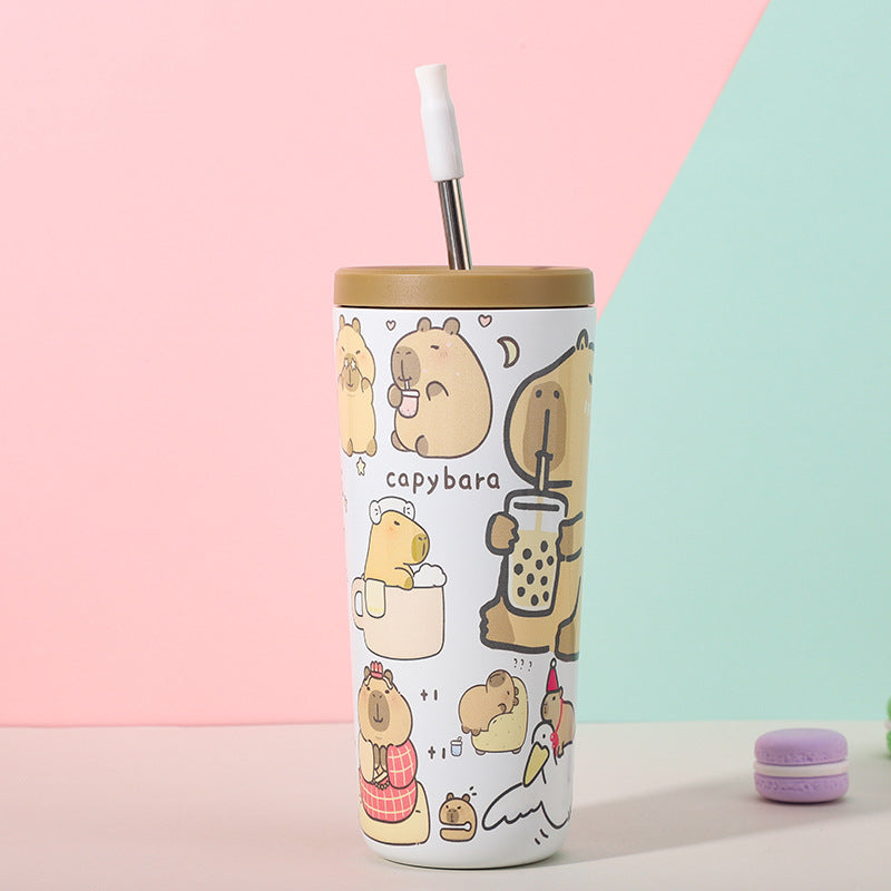 304 Stainless Steel Insulated Tumbler,Cartoon Design Portable Straw Cup for Home and Office(Light white)
