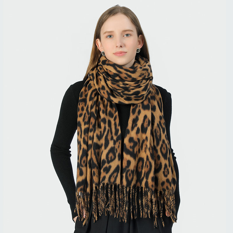 Stylish Animal Print Scarf - Warm Fall/Winter Shawl with Tassels, Imitation Cashmere(Gray) 3