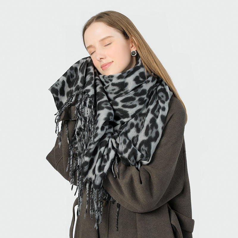 Stylish Animal Print Scarf - Warm Fall/Winter Shawl with Tassels, Imitation Cashmere(Gray) 5