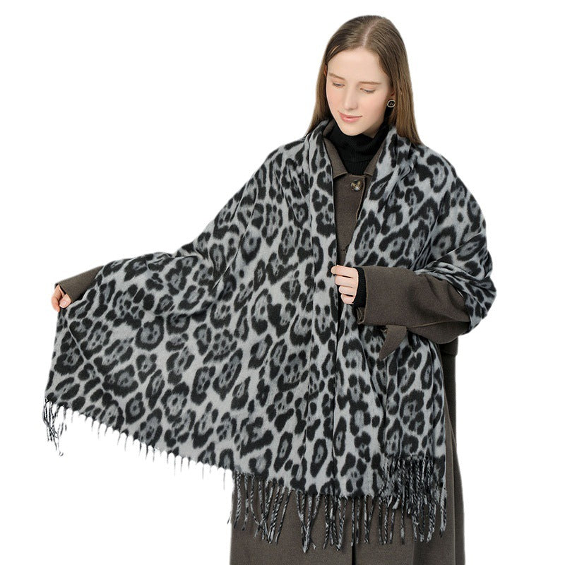 Stylish Animal Print Scarf - Warm Fall/Winter Shawl with Tassels, Imitation Cashmere(Gray) 6