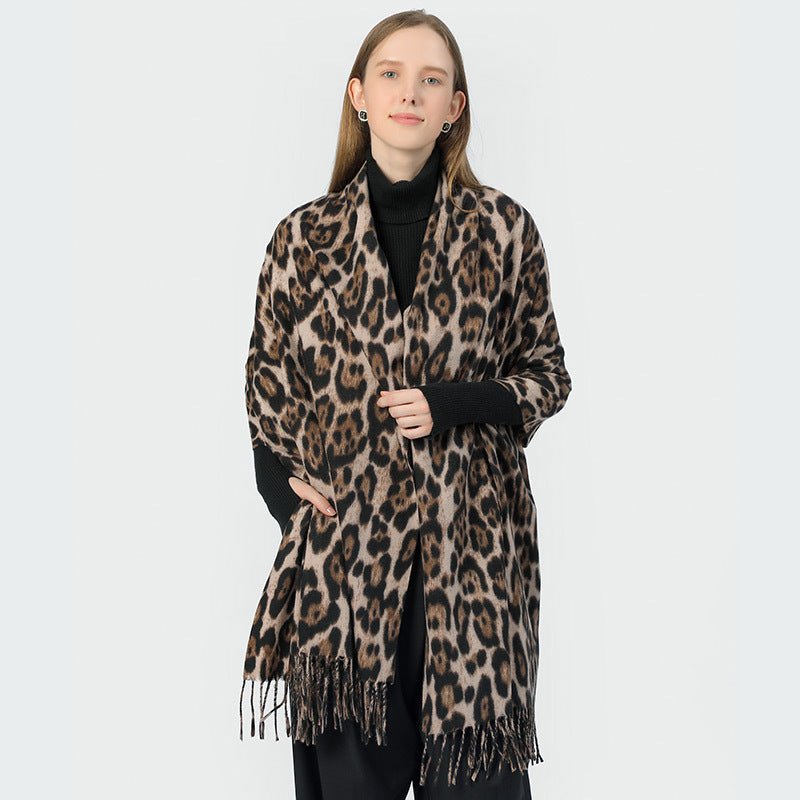 Stylish Animal Print Scarf - Warm Fall/Winter Shawl with Tassels, Imitation Cashmere(Wine red) 3