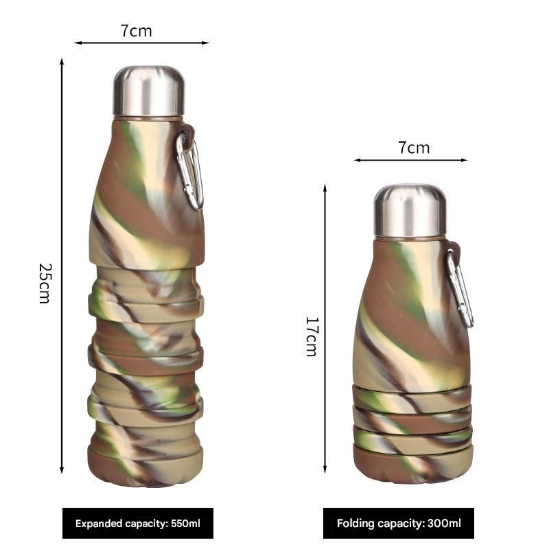 Camouflage Green Collapsible Silicone Water Bottle - Portable Sports Hydration Flask with Carabiner, 550ml/300ml