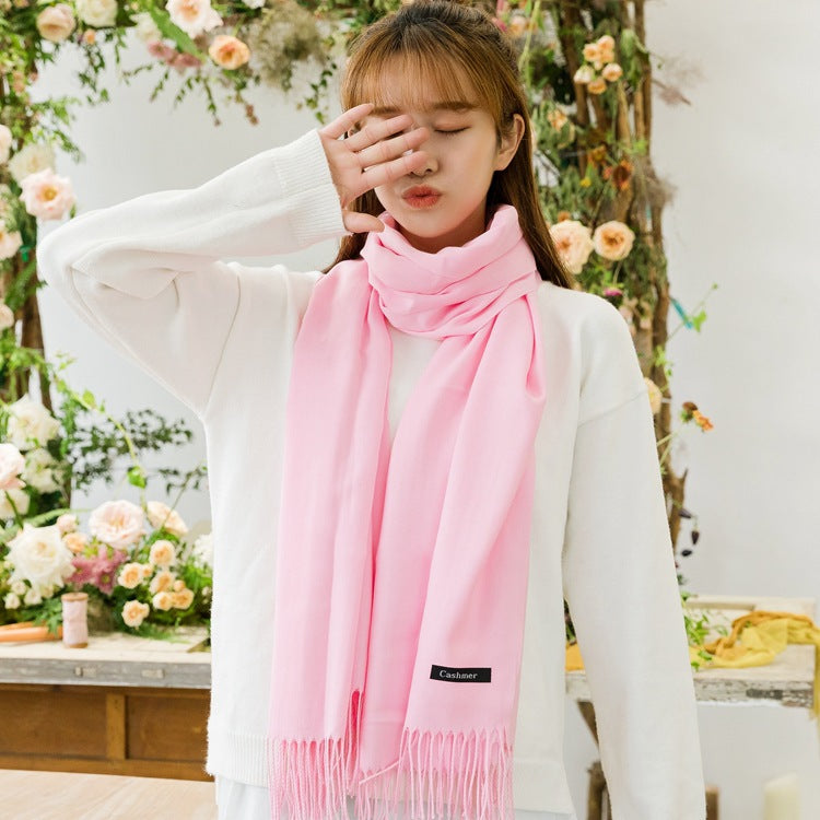 2pc Luxe Soft Imitation Cashmere Scarf - Warm Solid Tone Shawl with Elegant Fringe(Light white) 3