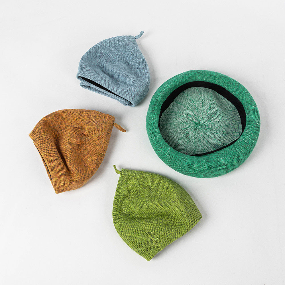 Beige green Linen Knit Beret - Classic Soft and Stylish Headwear 6