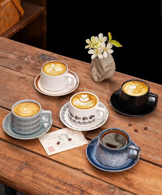 Vintage Ceramic Coffee Cup and Saucer Set - Elegant Afternoon Tea Set(Wave Pattern Gray) 3