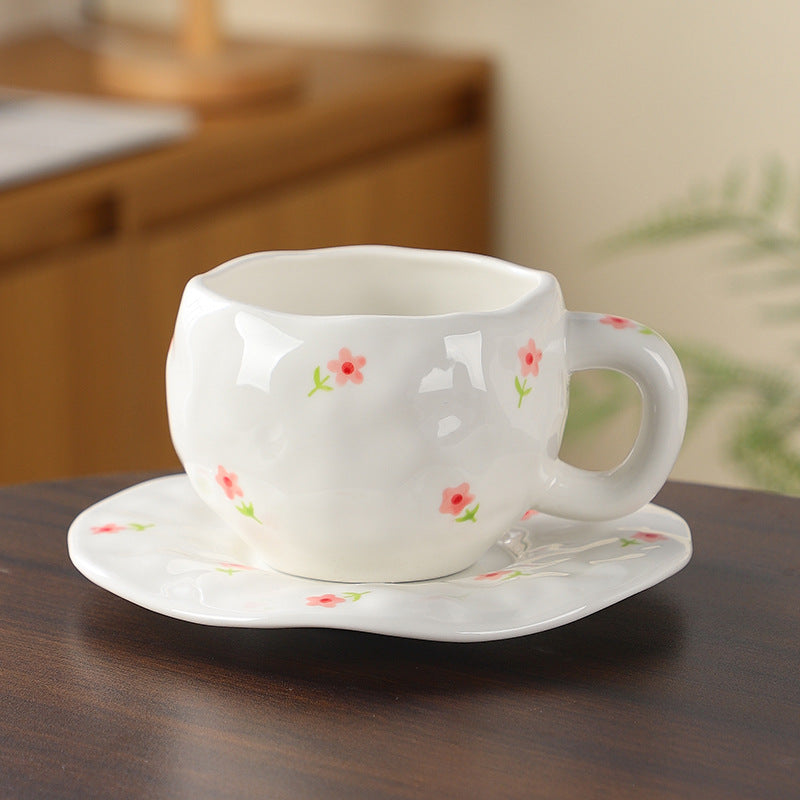 Hand-Painted Ceramic Coffee Cup and Saucer Set - Vintage Afternoon Tea(Red small florals)