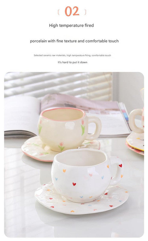 Hand-Painted Ceramic Coffee Cup and Saucer Set - Vintage Afternoon Tea(Red sunflowers) 3