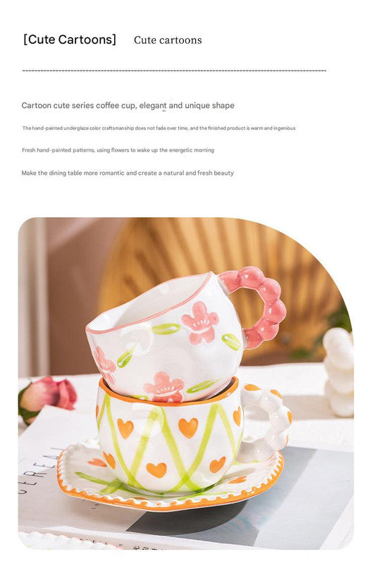 Hand-Painted Ceramic Coffee Mug and Saucer Set - Whimsical Afternoon Tea Cup with Spoon(White cloud-green) 6