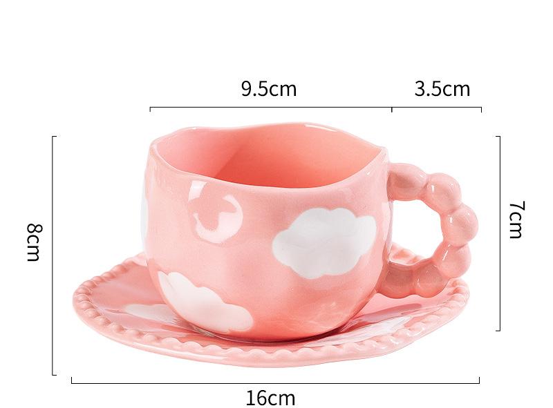 Hand-Painted Ceramic Coffee Mug and Saucer Set - Whimsical Afternoon Tea Cup with Spoon(White cloud-pink)