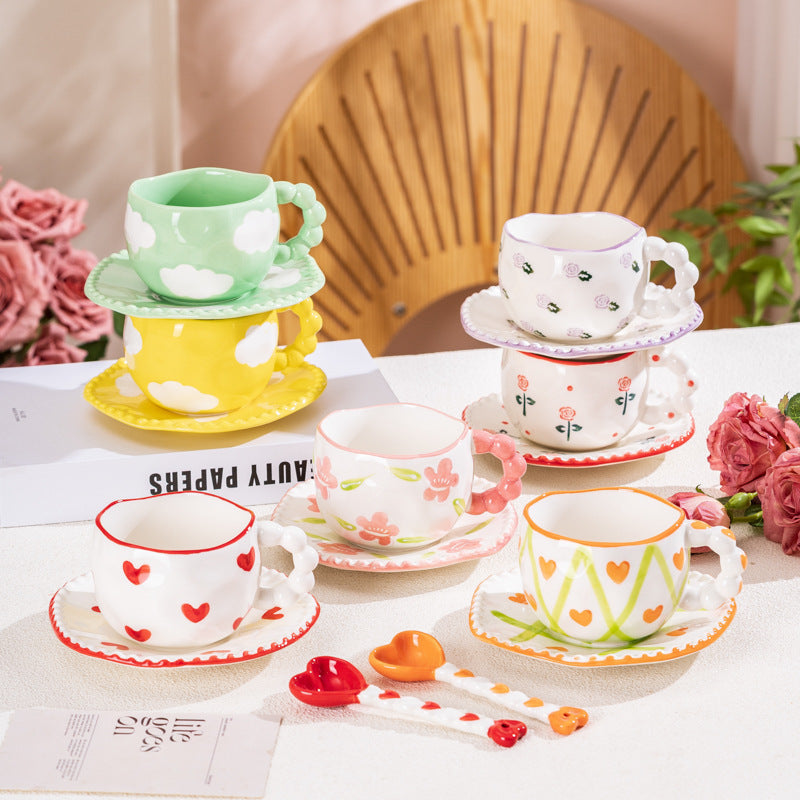 Hand-Painted Ceramic Coffee Mug and Saucer Set - Whimsical Afternoon Tea Cup with Spoon(Red rose) 3