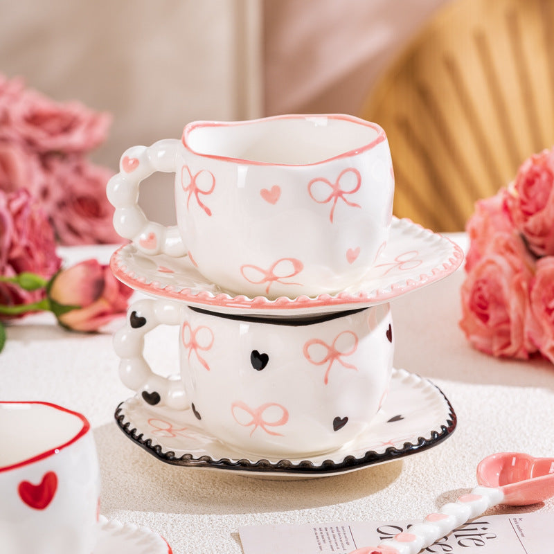 Hand-Painted Ceramic Coffee Mug and Saucer Set - Whimsical Afternoon Tea Cup with Spoon(Smiley pink flower) 4