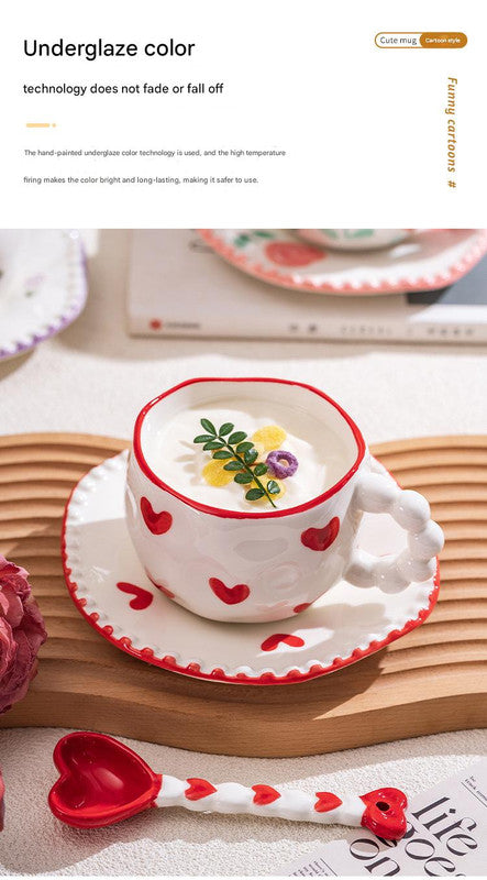 Hand-Painted Ceramic Coffee Mug and Saucer Set - Whimsical Afternoon Tea Cup with Spoon(Smiley pink flower) 8