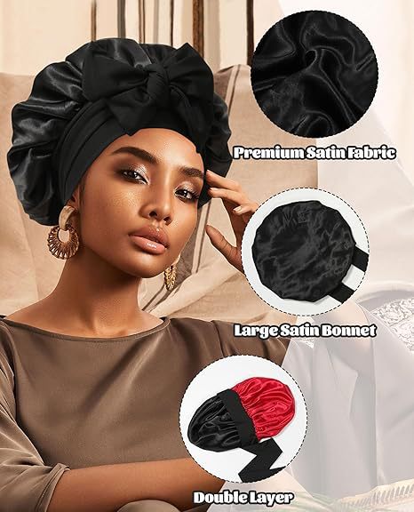 Luxury Double-Sided Satin Bonnet with Elastic Band(Black + bright red lining) 3