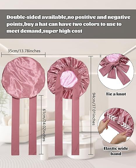 Luxury Double-Sided Satin Bonnet with Elastic Band(Rose red + pink lining)