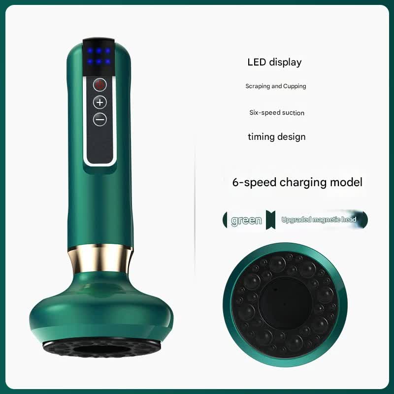 Rechargeable 6-Level Electric Cupping & Gua Sha Massager with LED Display & Magnetic Therapy Head(green)