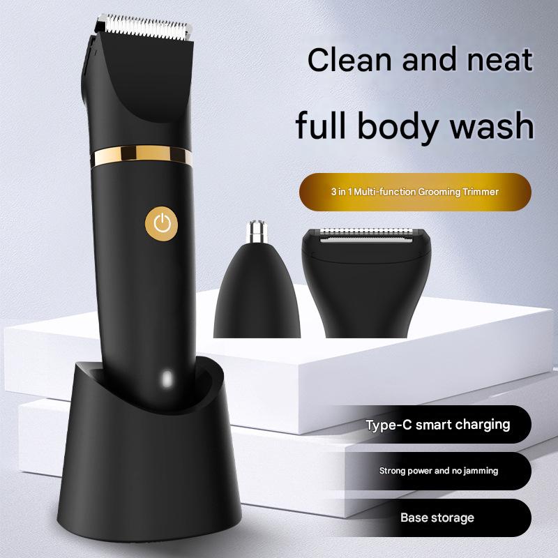 3-in-1 Men's Electric Body Groomer & Hair Clipper Kit - Waterproof, USB-C Rechargeable with Charging Dock(black)