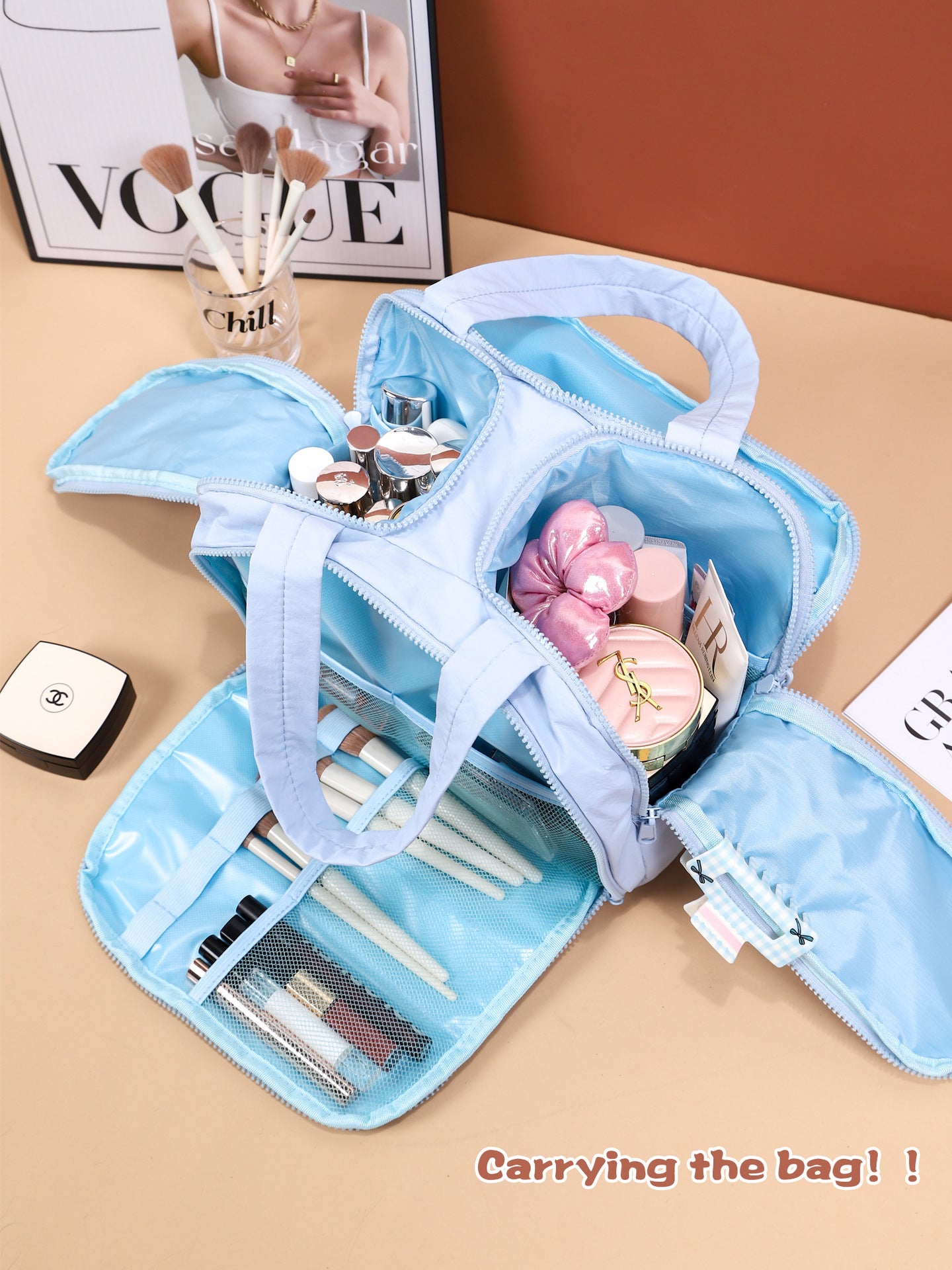 Portable Multi-Compartment Travel Toiletry & Makeup Organizer Bag with Brush Holders(blue)