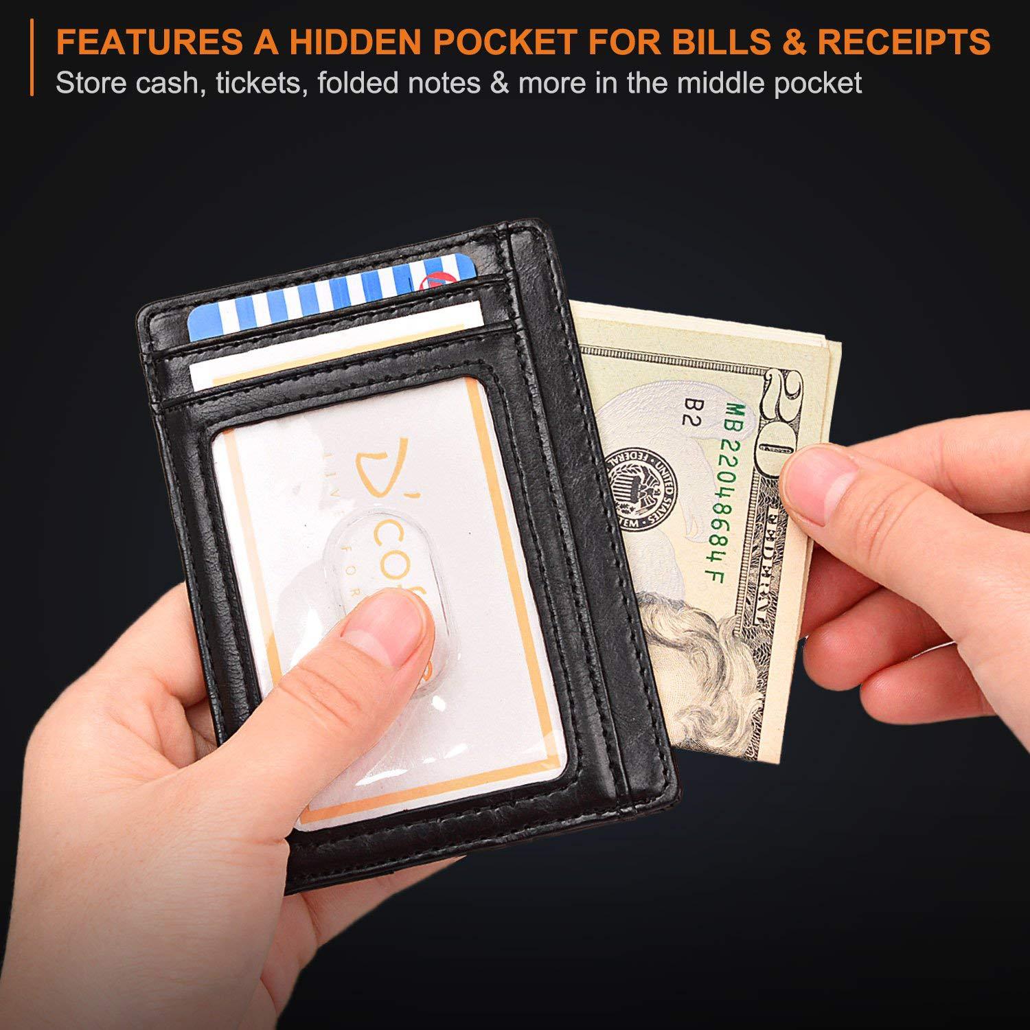Slim Minimalist Leather Wallet with ID Window & RFID Blocking - Holds 12 Cards & Cash(Yellow Brown) 6