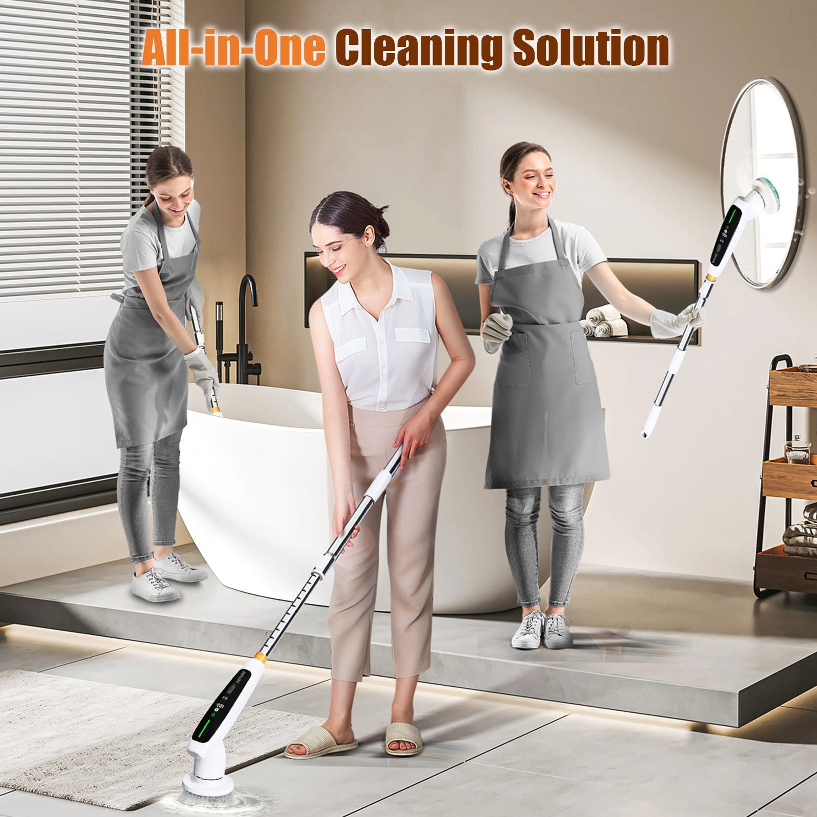 Electric Spin Scrubber with Adjustable Extension Handle & 8 Brush Heads - Smart LED Display 3