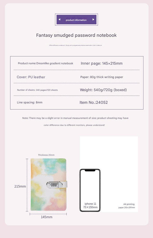 A5 Tie-Dye Journal with Combination Lock - 240 Pages, Soft Touch Cover Diary(Light blue) 5