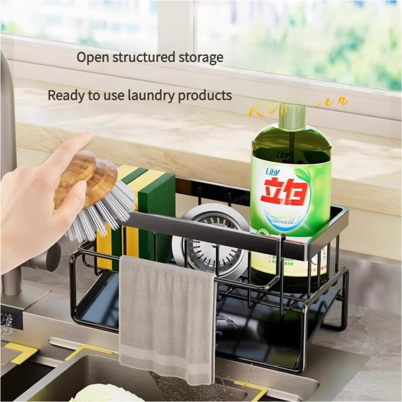 Kitchen Sink Caddy Organizer with Towel Bar & Drain Tray - Durable Metal Sponge Holder(White) 4