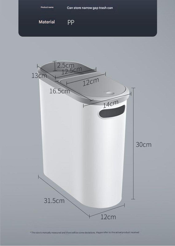 Slim Press-Top Trash Can with Top Storage Compartment - Narrow Design for Bathroom & Small Spaces(White cover + ash bucket) 4