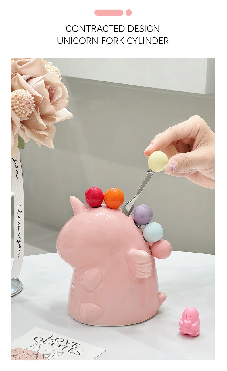 Adorable Unicorn Ceramic Fruit Fork Holder Set - Includes Stainless Steel Forks with Ball Tops(white) 5