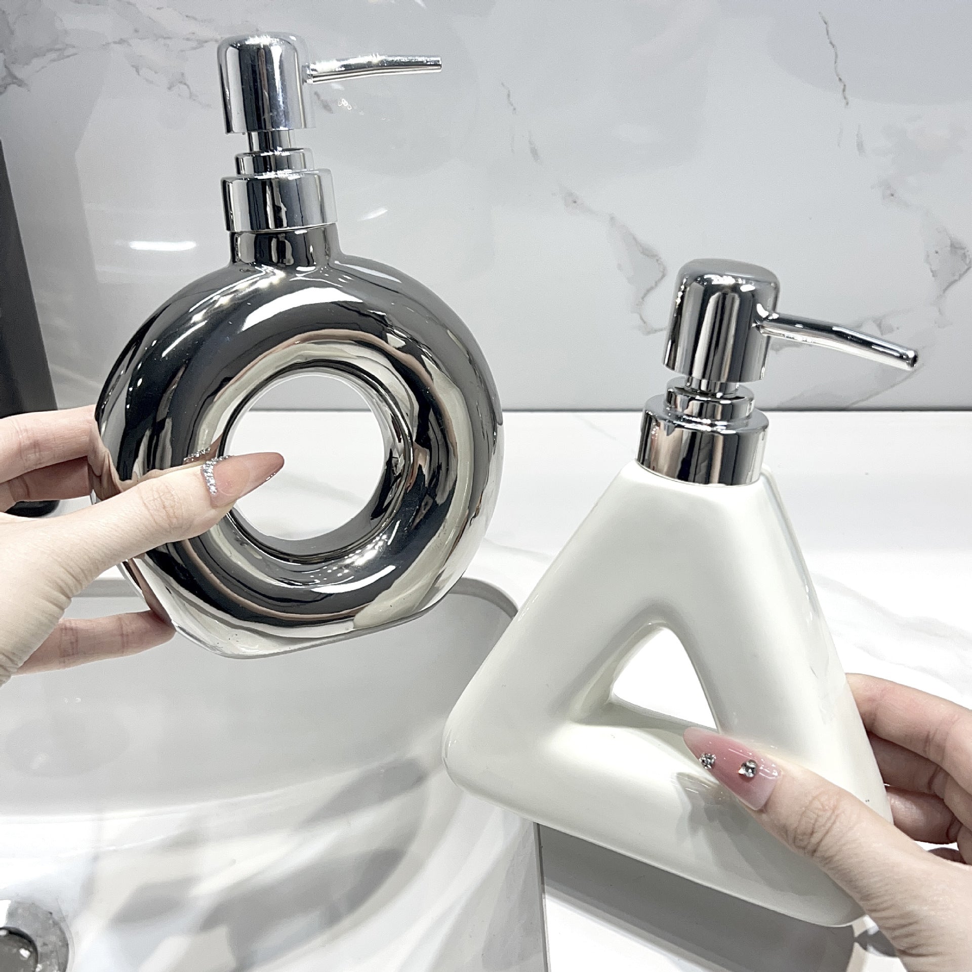 Modern Ceramic Soap & Lotion Dispenser - Unique Geometric Designs, 300ml Capacity(Donut lotion bottle, silver)