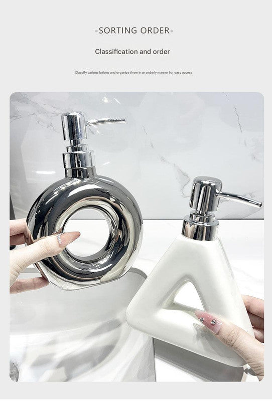 Modern Ceramic Soap & Lotion Dispenser - Unique Geometric Designs, 300ml Capacity(Triangular lotion bottle, silver) 5