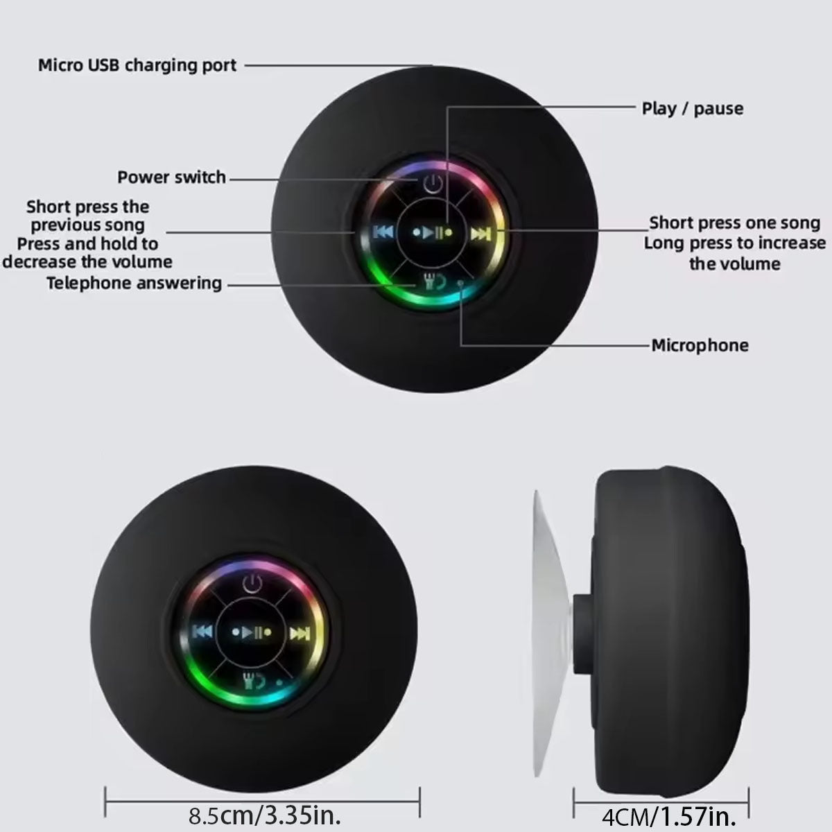 IPX4 Waterproof Bluetooth Shower Speaker with Suction Cup & LED Lights - Hands-Free Calling(white) 3