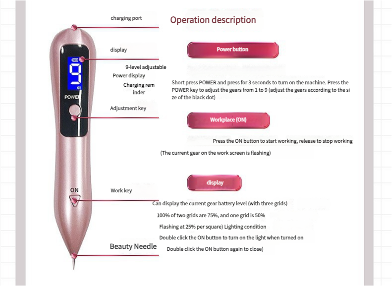 Professional 9-Level Skin Tag & Mole Remover Pen - USB Rechargeable with LED Display & Multiple Needles(pink) 3