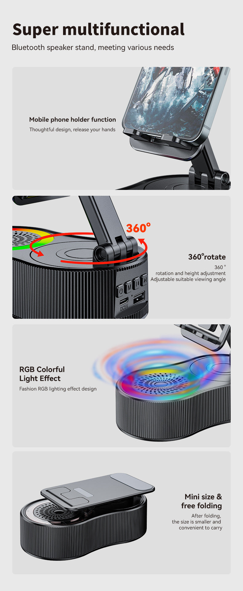 Foldable Bluetooth Speaker with 360 Rotating Phone/Tablet Stand & RGB Lights - HIFI Surround Sound(White) 6