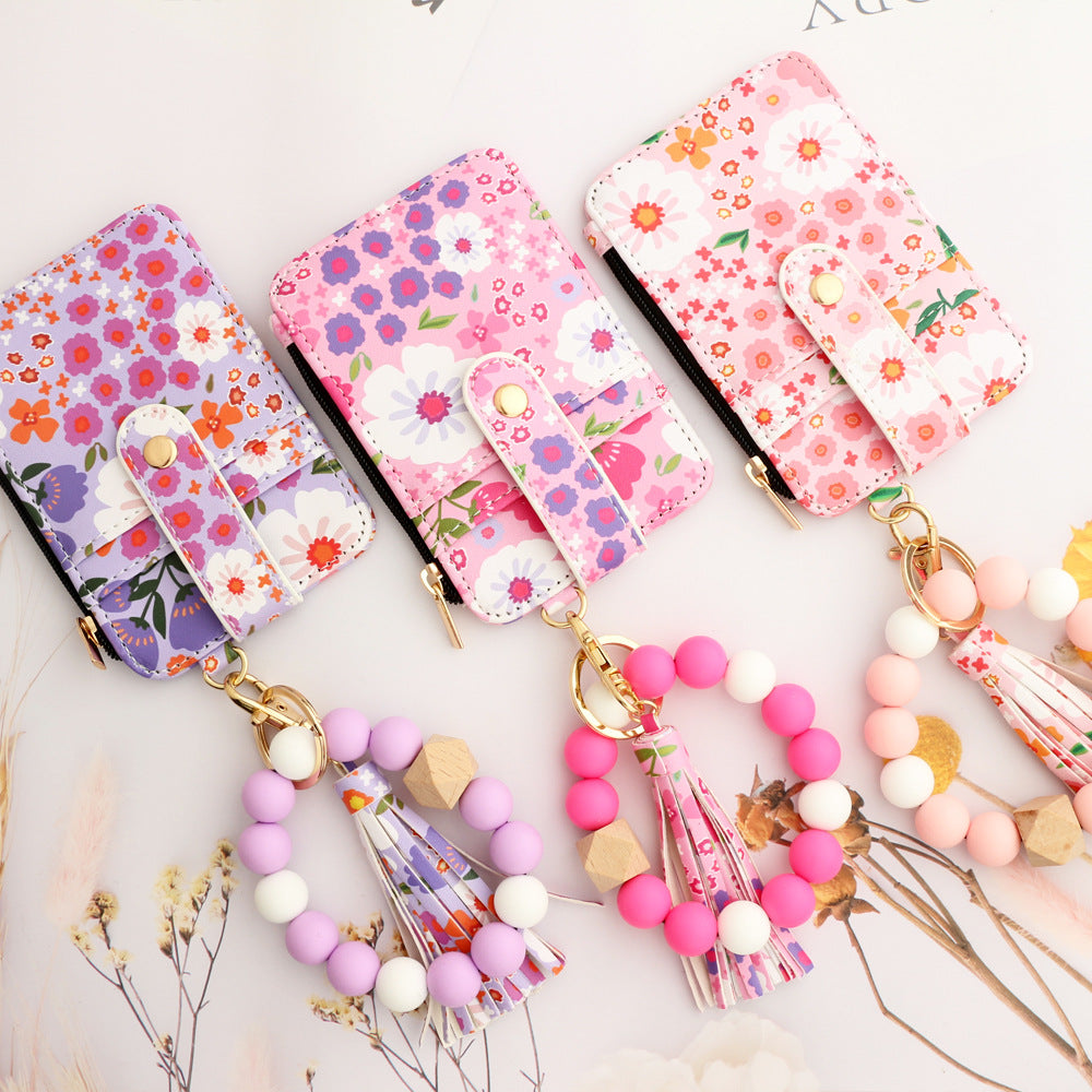 Floral Slim Card Holder Wallet with Beaded Keychain Bracelet & Tassel - 4 Card Slots, ID Window(Light pink) 3