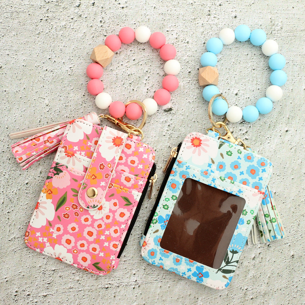 Floral Slim Card Holder Wallet with Beaded Keychain Bracelet & Tassel - 4 Card Slots, ID Window(Dark Pink) 4
