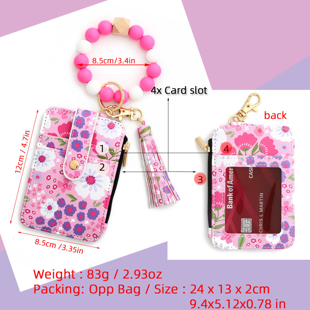 Floral Slim Card Holder Wallet with Beaded Keychain Bracelet & Tassel - 4 Card Slots, ID Window(Yellow) 4