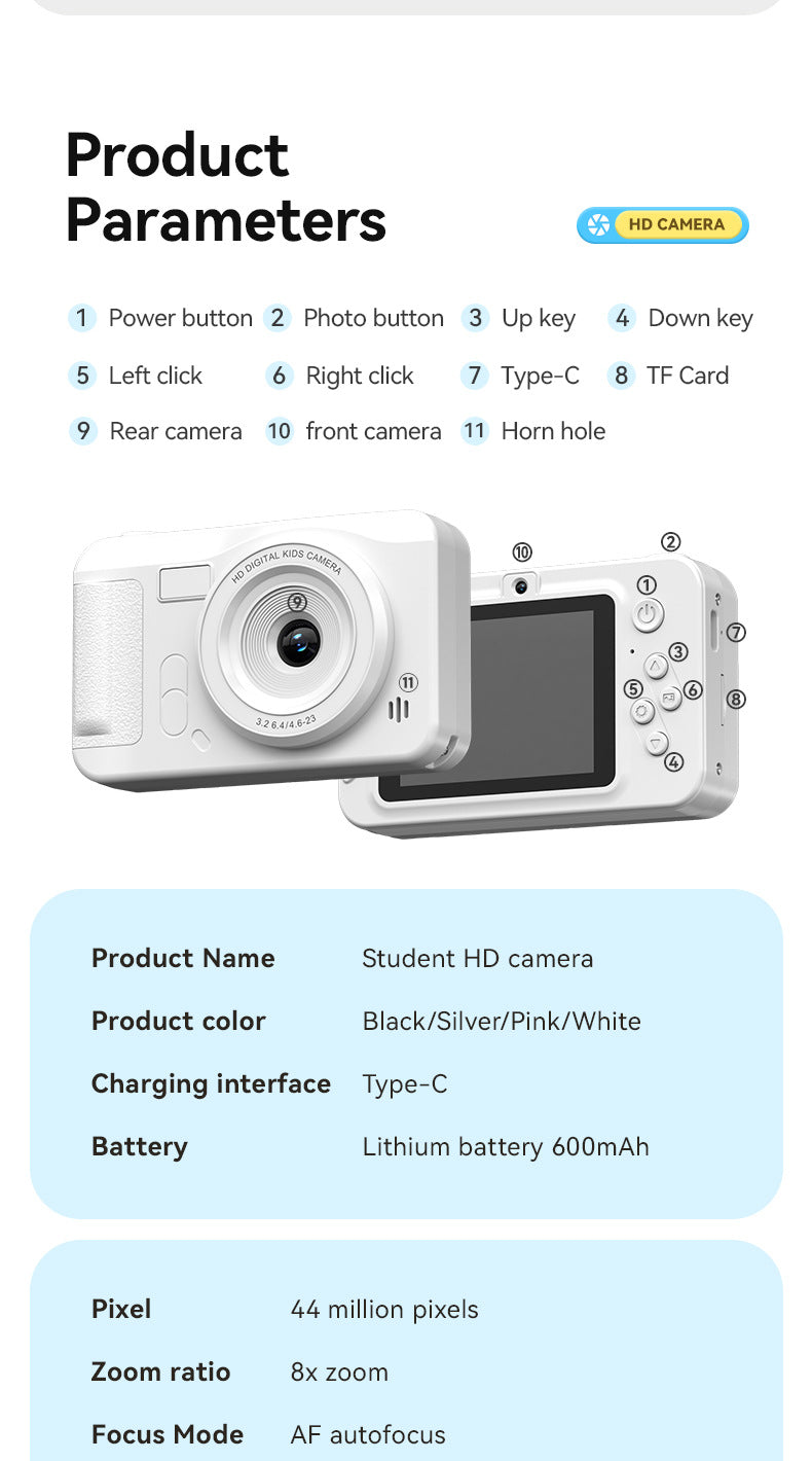 Student HD Digital Camera - 44MP, 8x Zoom, Autofocus, Dual Lens, Type-C Charging (Silver) 7