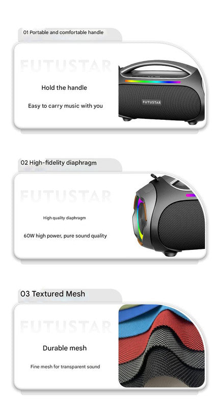Portable Bluetooth 5.3 Speaker - 60W Powerful Sound, RGB Lights, Multiple Inputs(Blue) 6