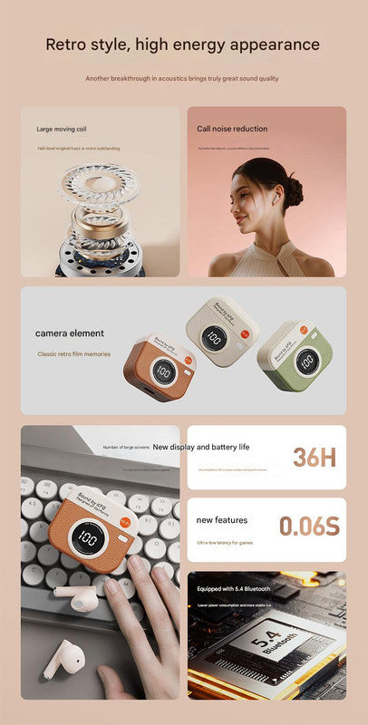 Retro Camera Style TWS Earbuds - Bluetooth 5.4, ENC, Low Latency Gaming(Green) 3