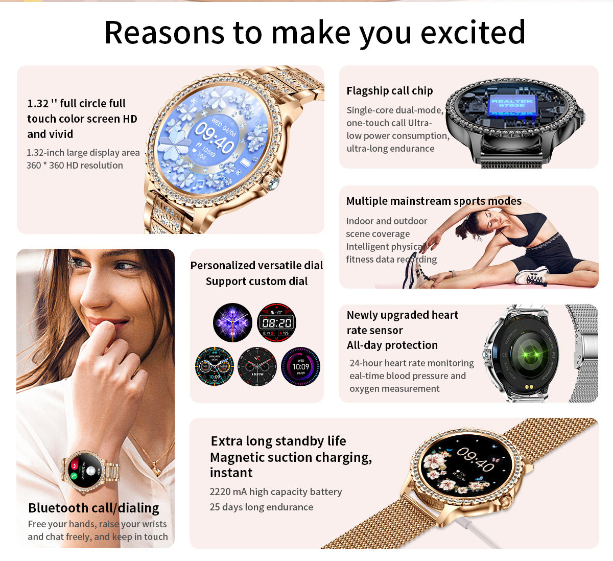 Elegant Women's Smartwatch,HD Touchscreen, Bluetooth Calls, Health Monitoring(Gold Thin Steel Strip) 3