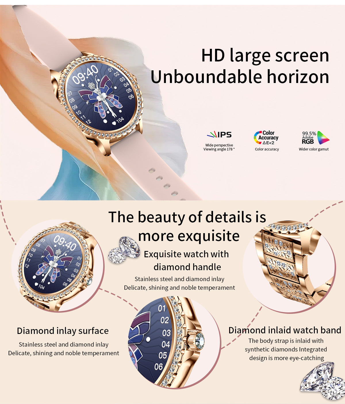 Elegant Women's Smartwatch,HD Touchscreen, Bluetooth Calls, Health Monitoring(Gold Thin Steel Strip) 4