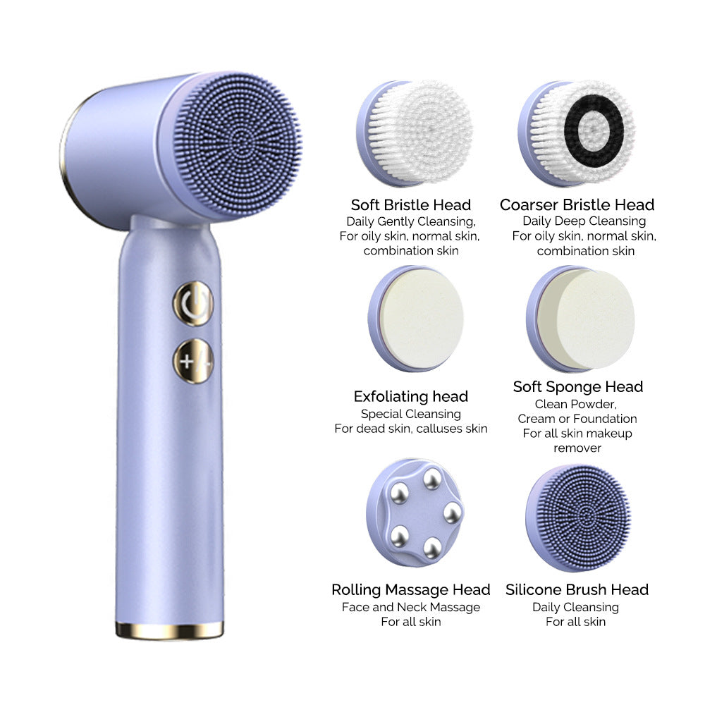 Purple 6-in-1 Electric Facial Cleansing Brush Set - Rechargeable & Waterproof 3