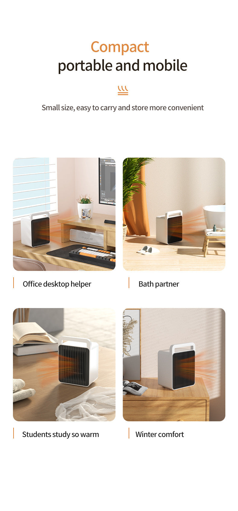 White Mini Table Heater - with tip-over and overheating protection, suitable for office and home 6