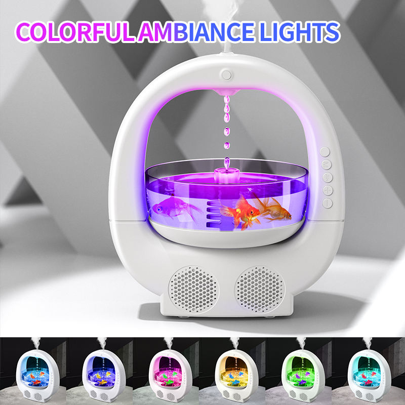 White 3-in-1 Anti-Gravity Water Drop Humidifier with Bluetooth Speaker & LED Fish Tank Light 3