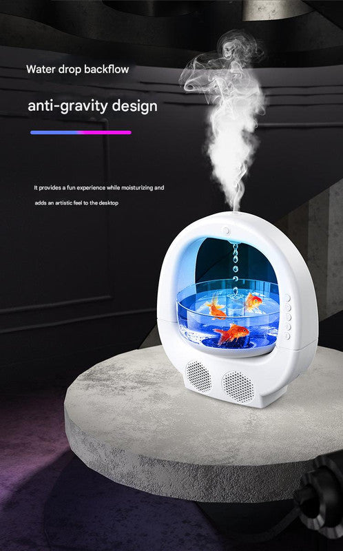 White 3-in-1 Anti-Gravity Water Drop Humidifier with Bluetooth Speaker & LED Fish Tank Light 6
